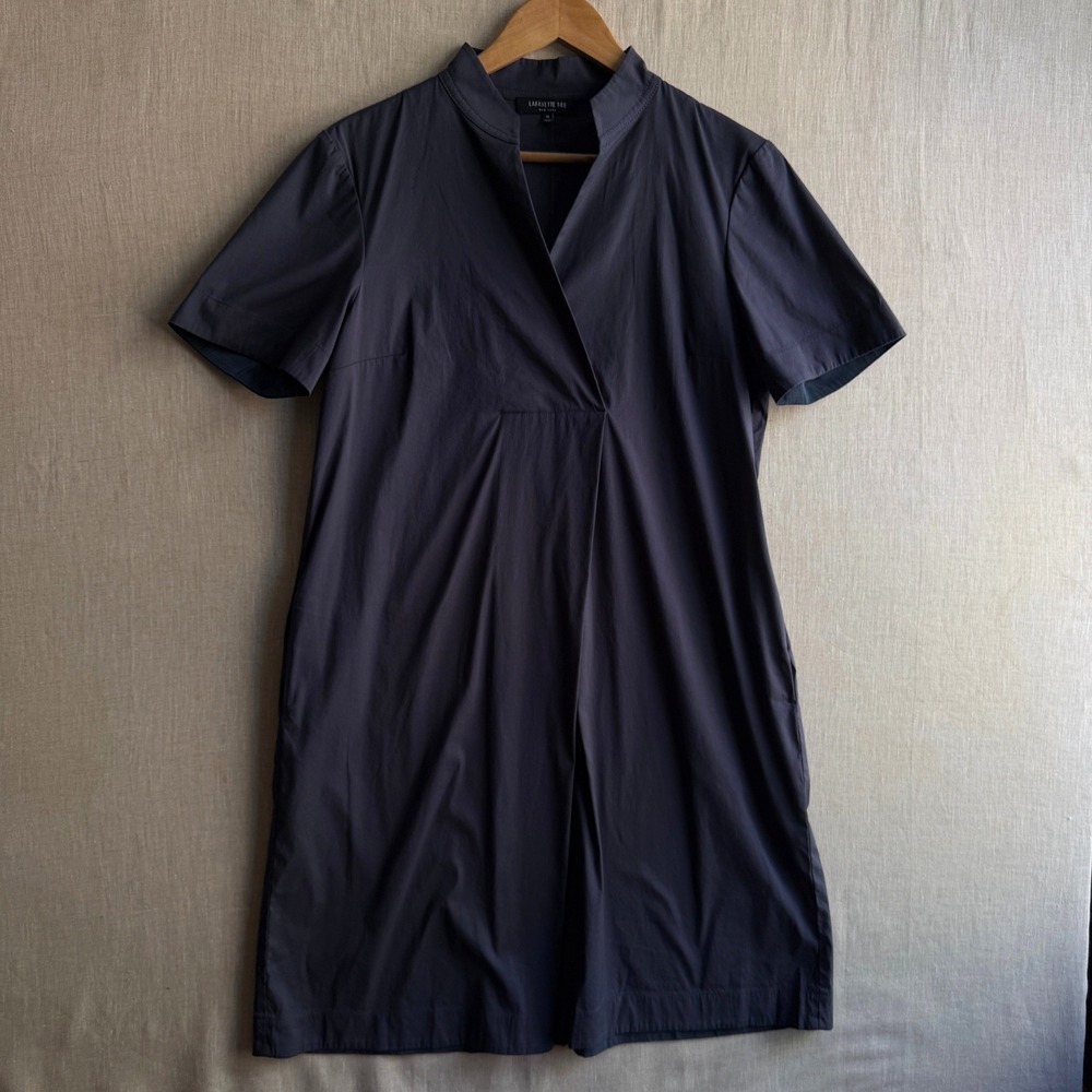 Lafayette 148 Short Sleeve Shift Dress Navy Blue Cotton Poplin Minimalist Office